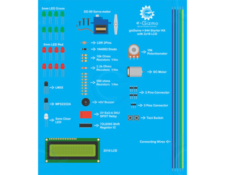 gizDuino + 644 Starter Kit with 2x16 LCD