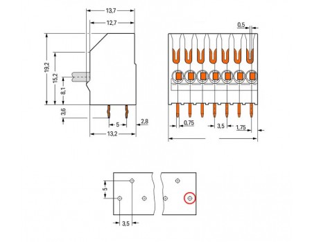 WAGO 251-107 Combi PCB Terminal Block + IDC Contact 3 Poles 3 Pins 2A
