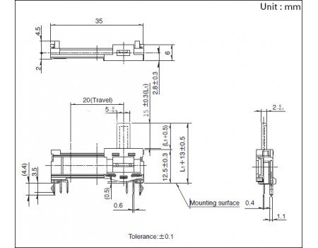 Single Slide Potentiometer Fader 250K B4 taper x1 Open Frame Center Detent