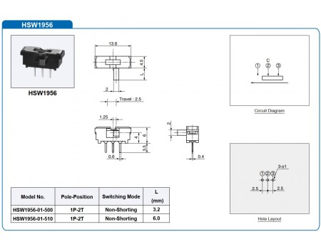 Hosiden 1P2T Miniature Slide Switch SPST HSW1956-01-500